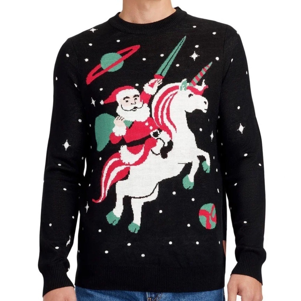 TIPSY ELVES SANTA UNICORN UGLY CHRISTMAS SWEATER BLACK RED GREEN SIZE L XL